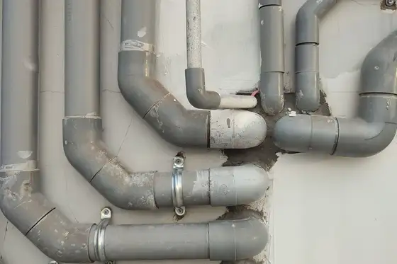 Conduites d’évacuation neuves en PVC gris le long d’un mur